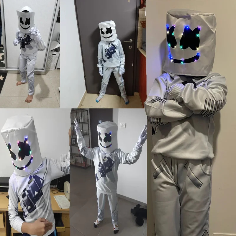 Led Gloves Music - ชุดคอสเพลย์ฮาโลวีนมาชเมลโลว์ดีเจ LED รุ่นใหม่ l2025l ชุดคอสเพลย์เด็ก ฮู้ดดี้+กางเกง+หน้ากาก+ถุงมือ